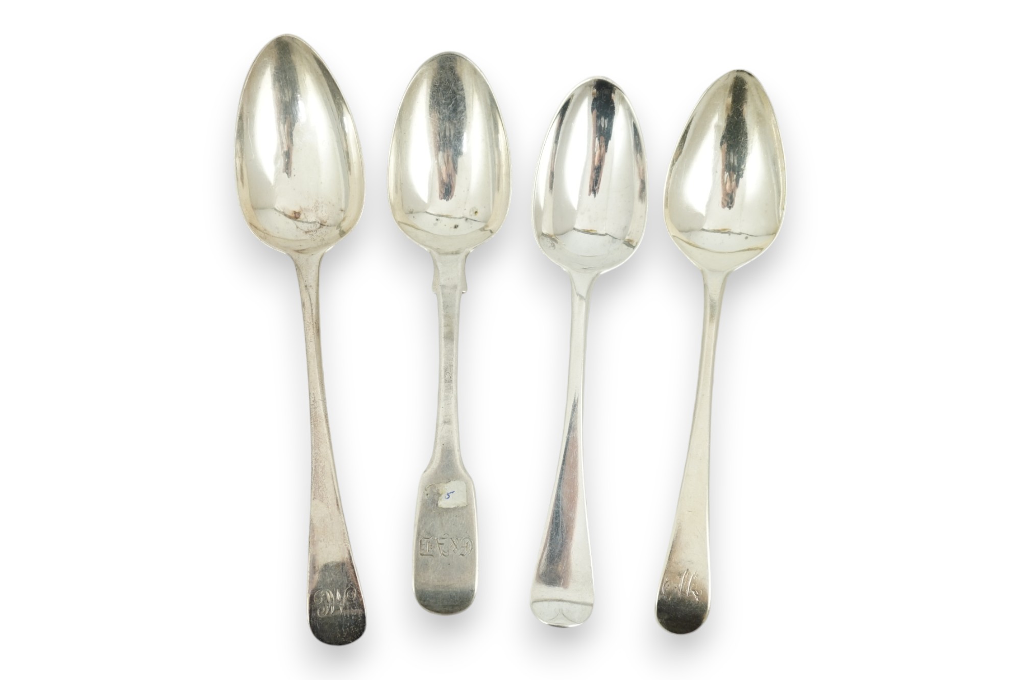 A harlequin collection of twenty mainly 19th century silver fiddle pattern dessert spoons, various dates and makers, together with fourteen similar Old English pattern dessert spoons, various dates and makers